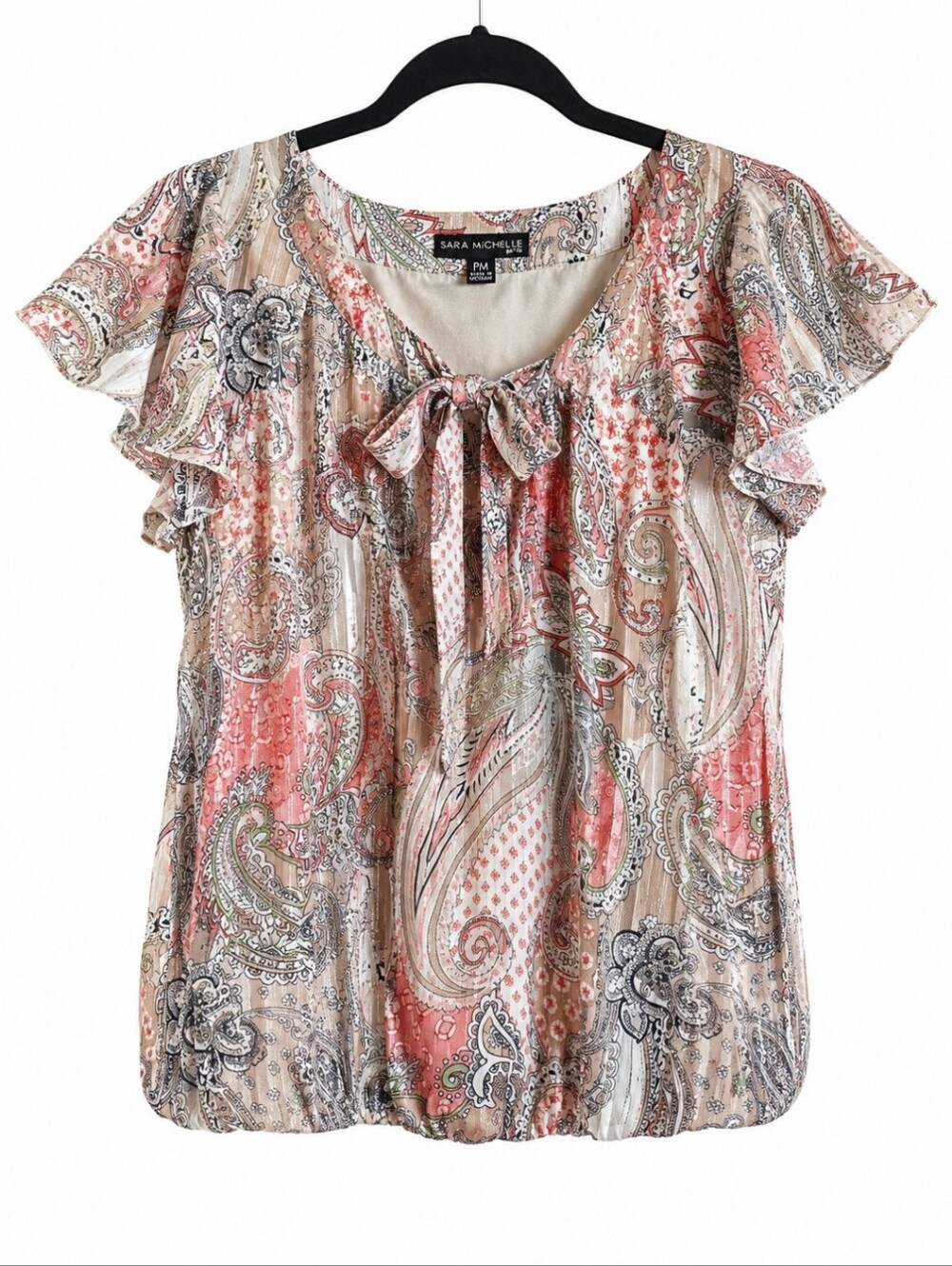 Sara Michelle Petite Medium Metallic Paisley Flutter Sleeve Tie Neck Bubble Hem